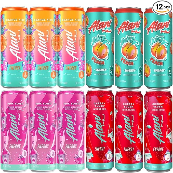VARIETY PACK (CHERRY SLUSH JUICY PEACH ORANGE KISS) Low Calorie Energy Drinks 100mg Caffeine Biotin B Vitamins Zero Sugar 10 Calories or Less 8 Fl Oz Cans 12 Pack