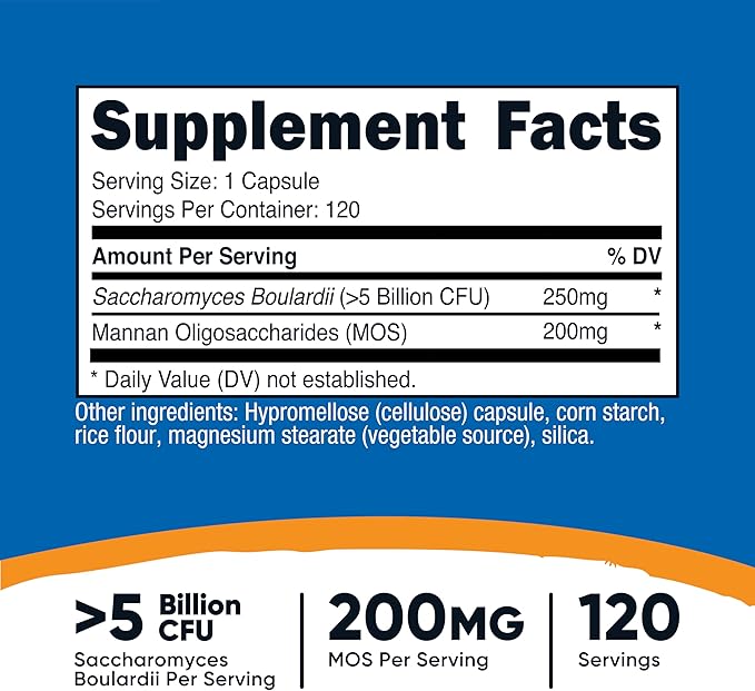 Nutricost Saccharomyces Boulardii + MOS Capsules (&gt5 Billion CFU) 120 Capsules - Prebiotic + Probiotic 200mg of MOS Per Serving