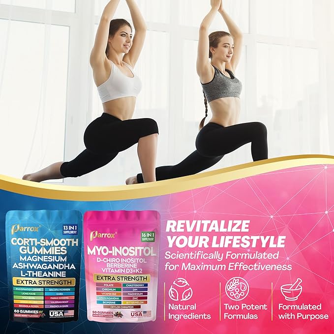 Soothe &amp Smooth Bundle Gummies - Cortisol &amp Myo-Inositol Supplement with D-Chiro Inositol Berberine Magenesium Ashwagandha L-Theanine Vitamins D3+K2 &amp B12 Folate Zinc Lion's Mane (1