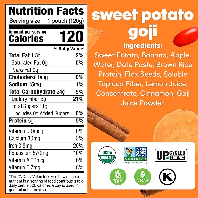 Noka Superfood Fruit Smoothie Pouches Sweet Potato Goji Healthy Snacks with Flax Seed Plant Protein and Prebiotic Fiber Vegan and Gluten Free Snacks Organic Squeeze Pouch 4.22 oz 12 Count