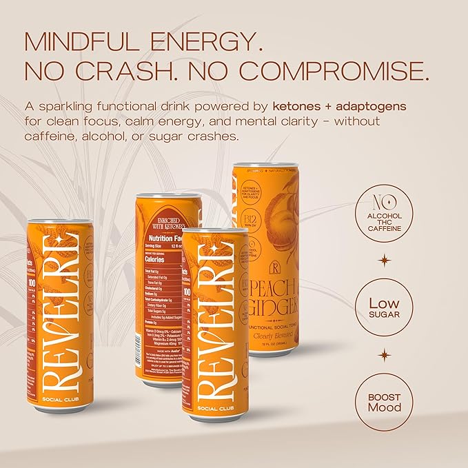 Revelre Functional Social Tonic with Ketones and Adaptogens - Mindful Blend for Focus and Calm - Ketones Magnesium B12 Reishi &amp Cordyceps Mushrooms - Non Alcoholic - Peach Ginger 12 oz (4 Pack