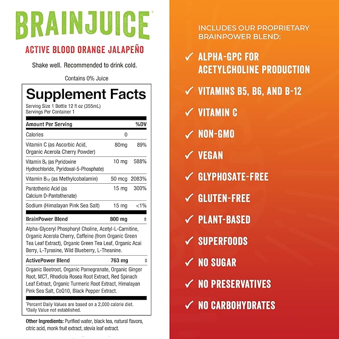Brainjuice Brain Health Support Drink for Energy &amp Focus Vitamin C B5 B6 &amp B12 L Theanine Alpha GPC CoQ10 &amp Green Tea Caffeine Gluten Free Vegan Blood Orange Jalapeno 12 Oz Can