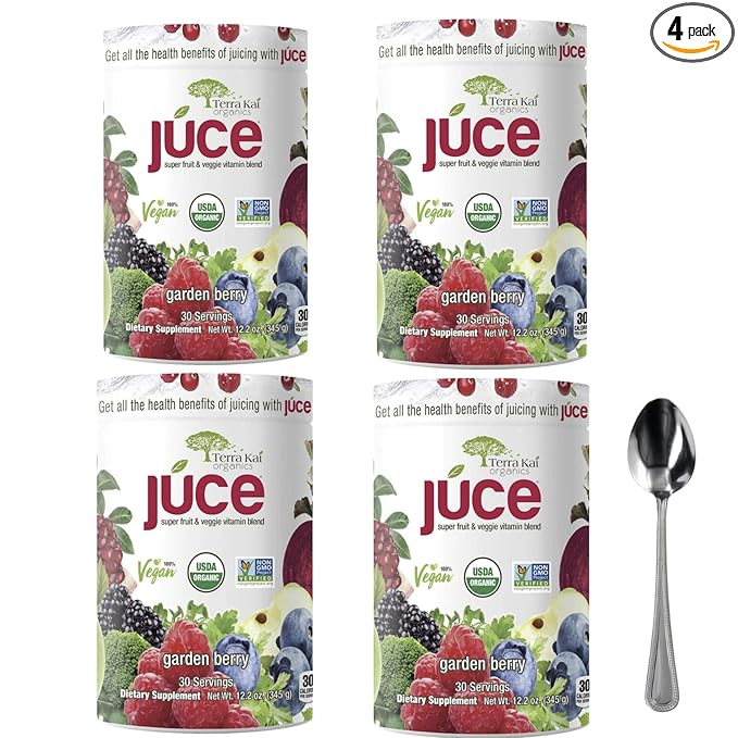 Terra-Kai Organics Juce Super Fruit and Veggie Blend Drink 12.2-Ounce Garden Berry 30 Servings Greens Powder Juce Green Juice Powder Super Food Greens Drink Juce Terra Kai (Pack 4) bundle with