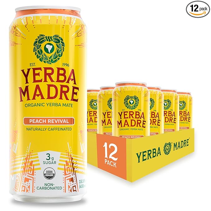 Yerba Madre Organic Yerba Mate Low Sugar Peach Revival 150mg Natural Caffeine Energy Drink Alternative No Jitters or Crash 15.5 Oz (Pack of 12)