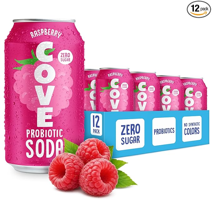 Cove Probiotic Soda Zero Sugar Better-For-You Alternative - Refreshing Delicious Probiotic Drink No Synthetic Colors &amp Caffeine Free - Raspberry 12 Pack
