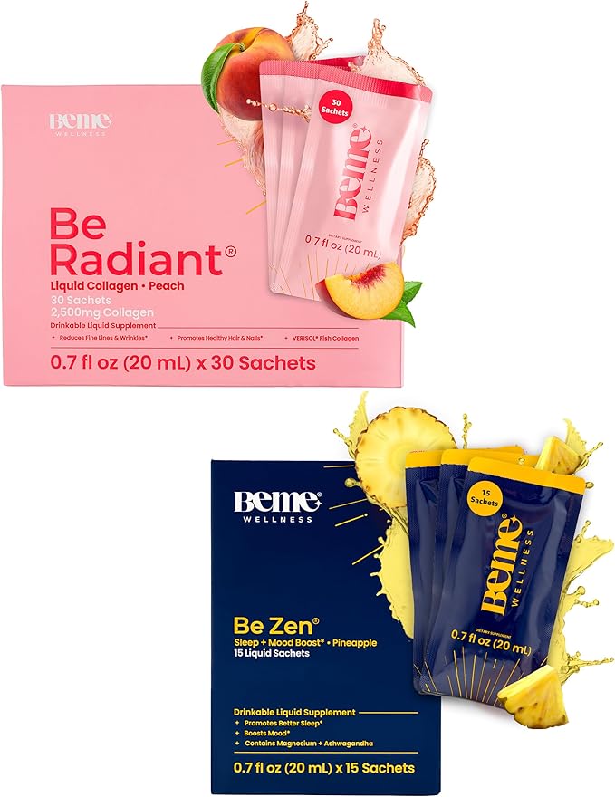 BeMe BeRadiant Peach &amp BeZen Bundle - Liquid Collagen &amp Magnesium Glycinate L-Theanine Supplements