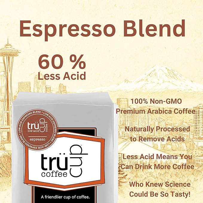 trücup Low Acid Coffee Espresso Blend Coffee - Coarse Grind For French Press 5 LB Natural Water&ampSteam Process 60% Less Acid Stomach-Friendly Rich in Antioxidants