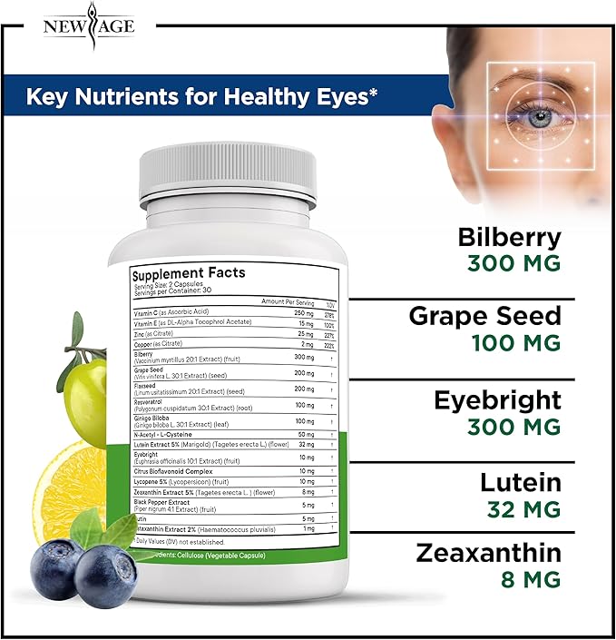 NEW AGE AREDS 2 Eye Vitamins - Lutein Zeaxanthin Bilberry Astaxanthin Mineral Vision Supplement - 180 Count