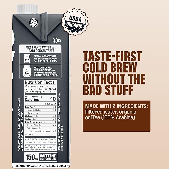 Wandering Bear Organic Unsweetened Extra Strong Cold Brew in a Box - Make Your Own Iced Coffee Drink with Wandering Bear Black Concentrate Shelf-Stable &amp Vegan - 21 Servings - 32 fl.oz