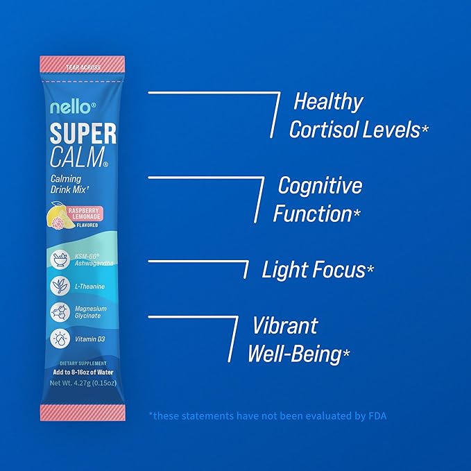 Nello Supercalm Drink Mix - Blue Coconut and Raspberry Lemonade KSM 66 Magnesium Glycinate &amp L-Theanine Supplement - Focus and Relaxation Support (2 x 20 Travel Packets)