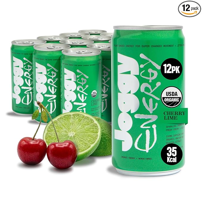 Joggy Energy Drink | Cherry Lime 12pk (8.4oz) | USDA Organic No Added Sugar Plant-Based Energy with Juice &amp Natural Caffeine + L-Theanine | Pre-Workout Focus Drink | No Jitters Vegan Gluten-Fr