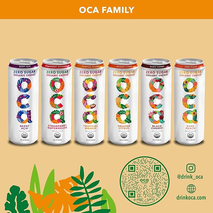 OCA ZERO Orange Citrus Organic energy drink zero sugar gluten-free vegan plant-based 12 Fl Oz (12-pack)