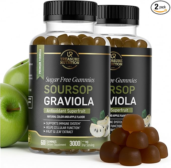 Soursop Leaves &amp Soursop Fruit Gummies - 3000mg Soursop Extract - 2 Pack Graviola Supplement - Soursop Fruit and Leaf - 120ct - Sugar-Free - Gluten Free – Non-GMO – Vegan Friendly