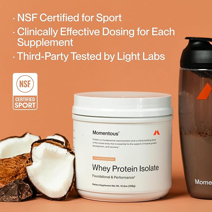 Momentous Essential Grass-Fed Whey Protein Powder - 20 g Whey Isolate Protein - NSF Certified for Sport - Gluten-Free - 12 Servings for Essential Everyday Use - Chocolate Coconut - Package May Vary