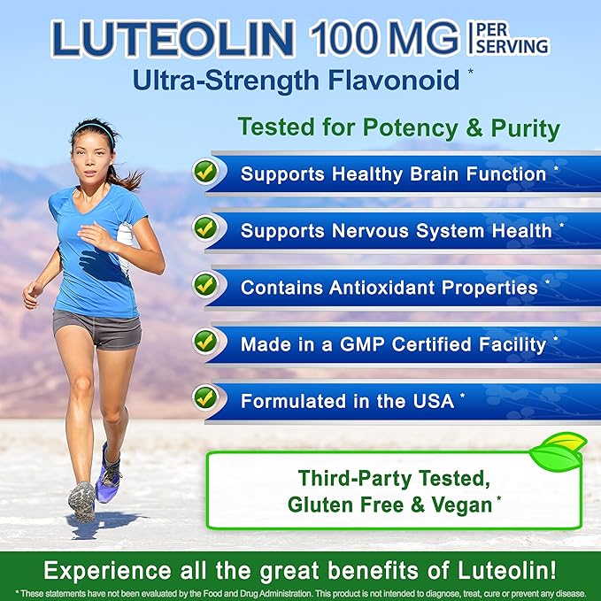 Luteolin 100mg - 120 Capsules - Luteolin Supplement &amp Powder Complex Pills Commonly Taken with Quercetin - Supports Brain &amp Memory Health