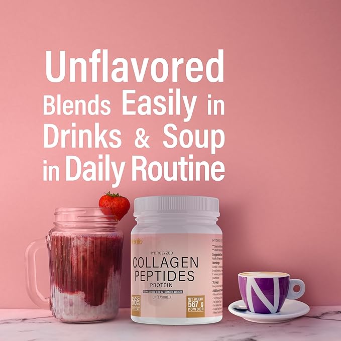 Collagen Powder 20 Oz 66 Servings Hydrolyzed Collagen Peptides Grass-Fed Bovine Unflavored Made in Canada Supports Joints Skin Hair &amp Nails Protein Supplement for Women &amp Men