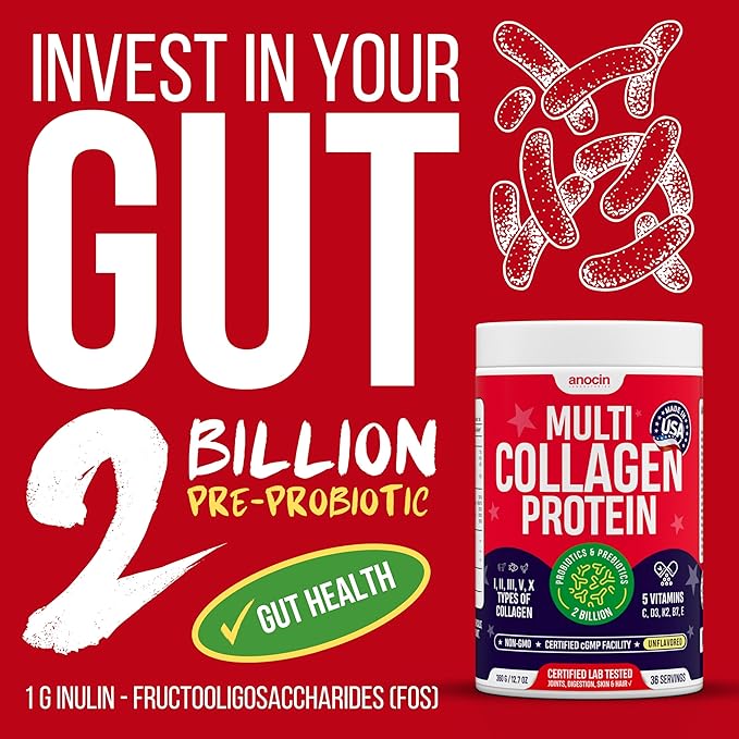 Multi Collagen Peptides w/Prebiotic + Probiotics + Type I II III V X + Hydrolyzed Collagen Powder w/Vitamin C+D3+B7+K2+E Hyaluronic Acid Supports Skin Hair Nail Joint Grass-Fed Non-GMO (2)