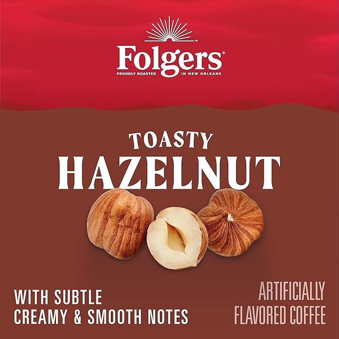 Folgers Toasty Hazelnut Flavored Ground Coffee Medium Roast 9.6 Ounce Canister (Pack of 6)