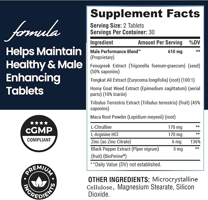 Male Enhancing Supplement - Fast Acting Performance Pills for Men for Blood Flow - Size &amp Stamina - Testosterone Booster Maca Root EpimediumTongkat Ali Dietary Supplement 60 Tablets
