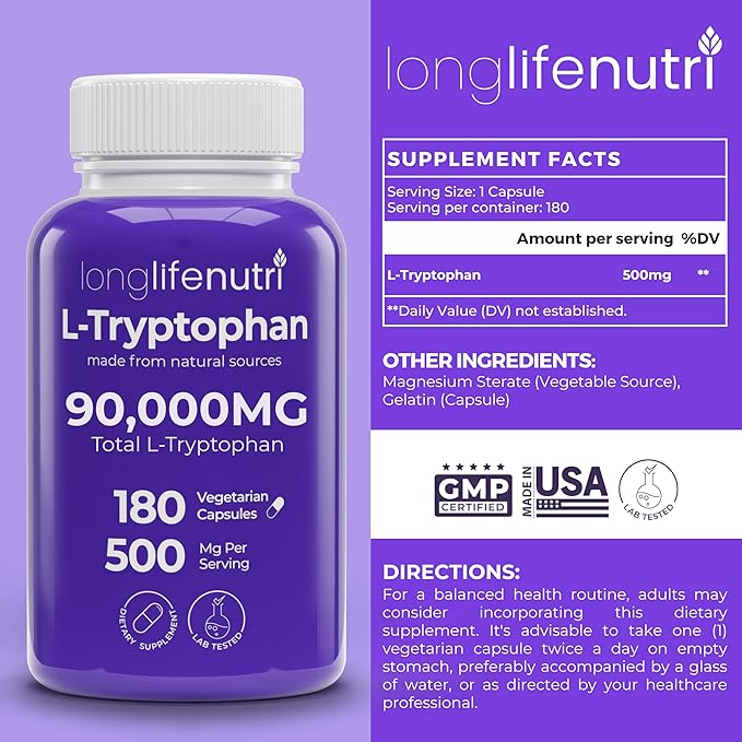 LongLifeNutri L-Tryptophan 500 mg &amp Uridine Monophosphate 300 mg Bundle – 180 Veg Caps + 120 Veg Caps 6 &amp 4-Month Supply Sleep &amp Mood + Focus Support Non-GMO Lab Tested Made in USA