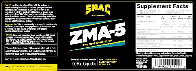 SNAC ZMA-5 Mineral Supplement - Supports Muscle Function Restful Sleep Immune Health &amp Relaxation with Zinc Vitamin B6 Magnesium &amp 5-HTP for Sleep Anxiety Calmness - 180 Veggie Capsules