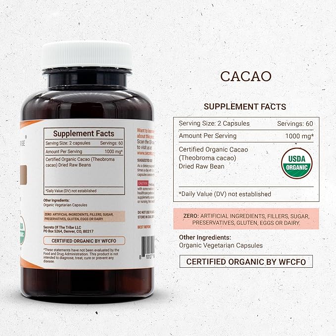 Secrets of the Tribe Cacao 120 Capsules 1000 mg USDA Organic Cacao (Theobroma Cacao) Dried Raw Beans (120 Capsules)