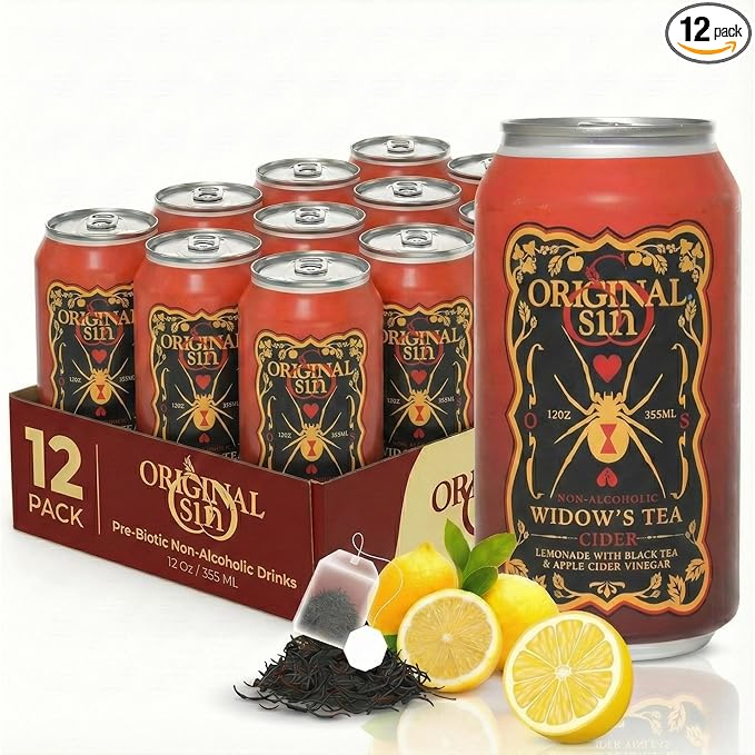 Original Sin Non Alcoholic Cider - Widow Tea | Sparkling Apple Cider Vinegar Drink with 25% Fruit Juice | Sugar Free Non Alcoholic Drinks- Lemonade with Black Tea Flavour