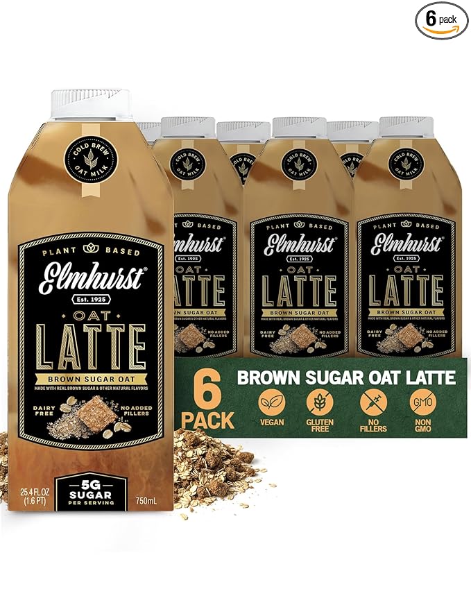Elmhurst 1925 Brown Sugar Oat Milk Latte – Plant-Based Vegan Dairy-Free Latte Made of Whole Grain Oats Cold Brew Premium Arabica with 95mg Caffeine &amp Real Brown Sugar – 25.4oz (Pack of 6)
