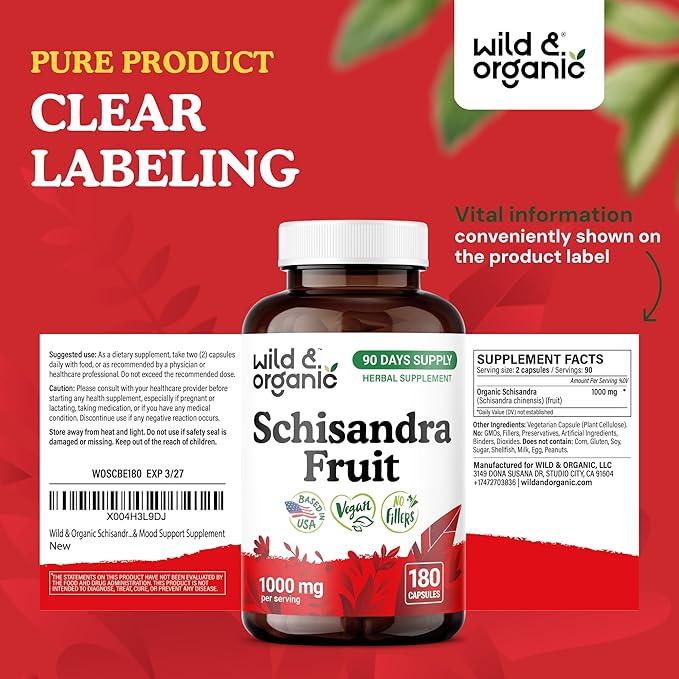 Wild &amp Organic Schisandra Extract Capsules 1000 mg - Mood &amp Relaxation Support - Natural Schisandra Supplement - Vegan No Fillers Non-GMO - 180 Count