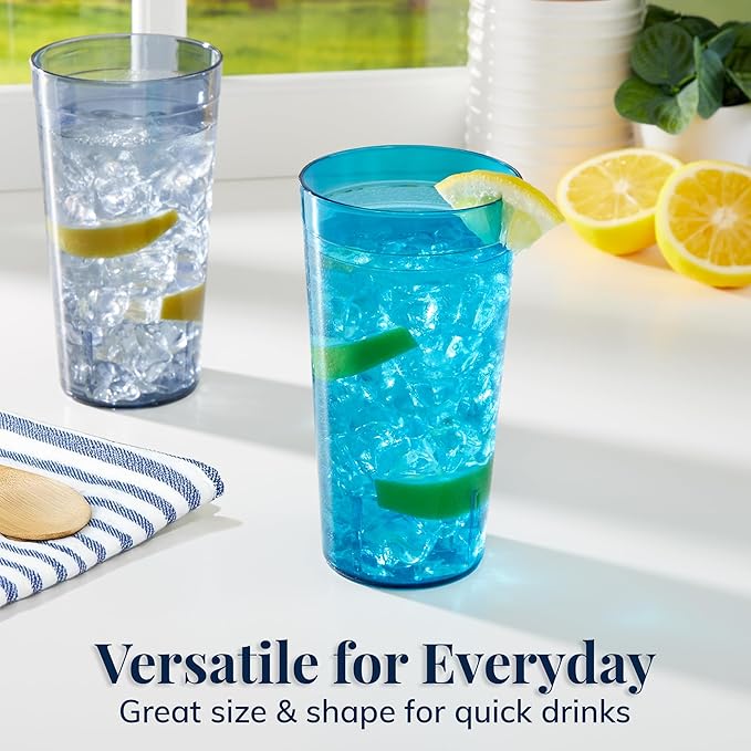 US Acrylic Cafe Plastic Reusable Tumblers (Set of 16) 20-ounce Water Cups Coastal Colors | Restaurant Style Drinking Glasses Value Set Stackable BPA-free Made in the USA | Top-rack Dishwasher Safe