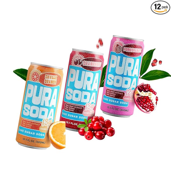 PuraSoda® Endless Summer Soda Variety Pack - Cranberry Orange &amp Pomegranate | 10 fl oz (Pack of 12) | 65 Calories 13g Real Cane Sugar Real Fruit Extracts | Non-GMO Vegan No Stevia or Artifici