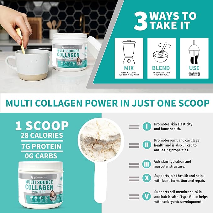 CB Supplements Multi Collagen Protein – Hydrolyzed Collagen for Joint Skin Gut Hair &amp Nail Health – Unflavored Powder with Types I II III V &amp X – Grass-Fed &amp Clean – 58 Servings