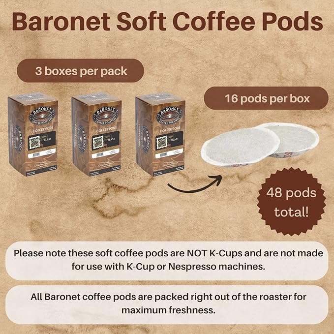 Baronet Coffee Blast Coffee Pods Bag - Regular Dark Roast - 3 Boxes of 16 Single Serve Pods - 48 Count 12 Grams - Individually Wrapped for Freshness - Rich Traditional Flavor