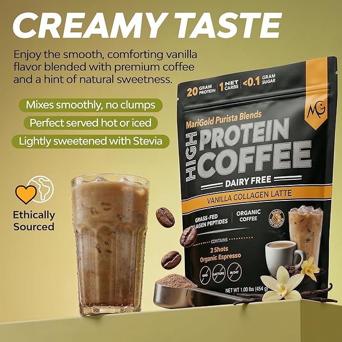 MariGold High Protein Collagen Coffee - Vanilla Collagen Latte Dairy Free 20g Grass-Fed Type I &amp III Collagen Peptides Energy Boost 2 Shots Organic Espresso Non-GMO 1 Lb Bag 15 Servings