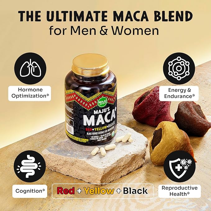 Maju Superfoods 4-in-1 Maca Root Capsules Organic Black Yellow &amp Red Roots w Black Pepper Extract for Absorption (120 ct) | Peru Product Peruvian Powder Men &amp Women Supplement 60000 mg
