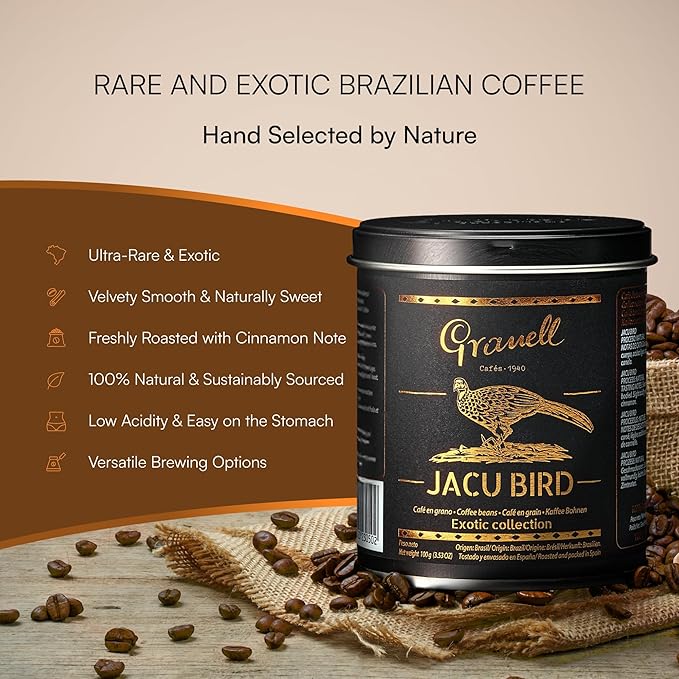 Granell Cafes 1940 Jacu Bird Coffee - Rare Brazilian Whole Bean - Medium Roast - Exotic Low Acid Gourmet
