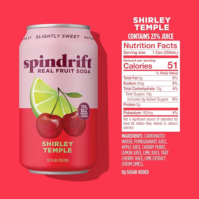 Spindrift Shirley Temple Cherry Citrus Soda Made with Real Squeezed Fruit 12 Pack Case