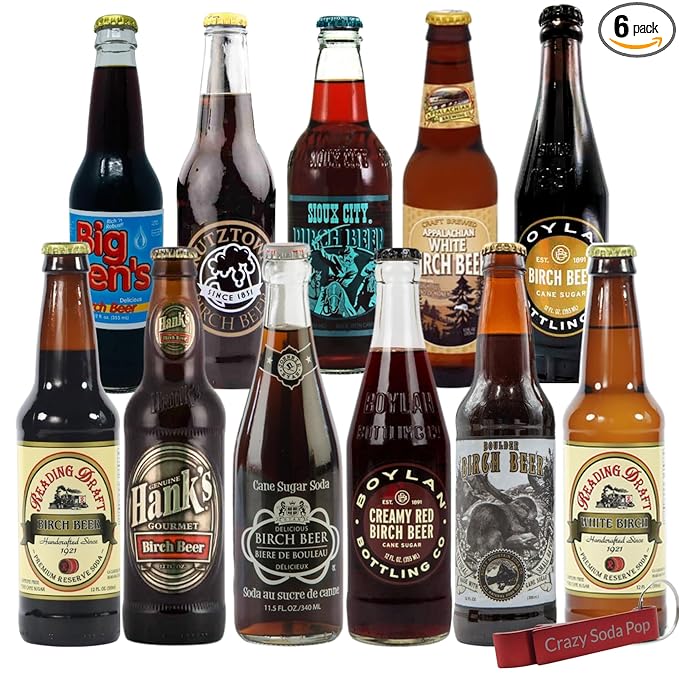Birch Soda Variety Sampler Pack | Premium Crafted Variety Pack from Around USA | Includes Crazy Soda Pop Bottle Opener | 6 Pack