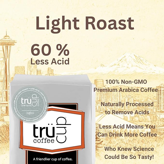 trücup Low Acid Coffee Light Roast Coarse Grind Coffee 2 LB Natural Water&ampSteam Process (60% Less Acid) Smooth Flavor Stomach-Friendly Rich in Antioxidants