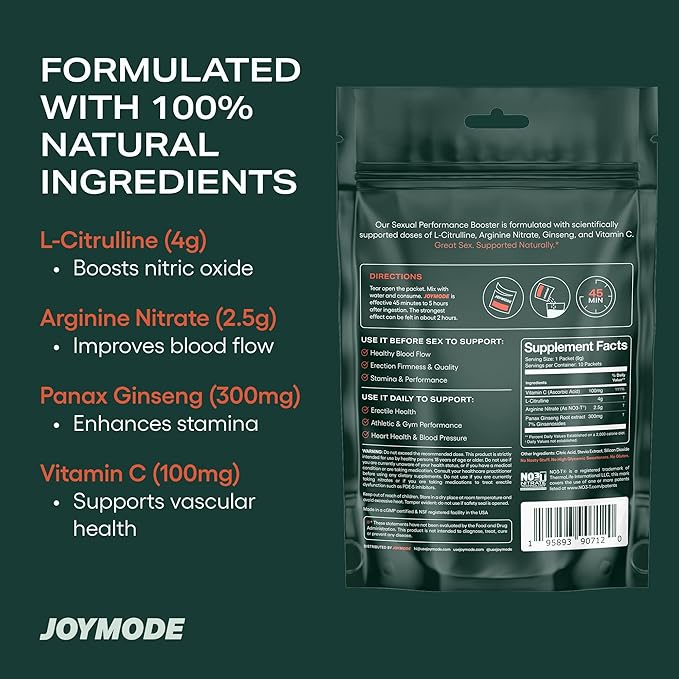 JOYMODE Performance Booster w/Arginine Nitrate L-Citrulline Vitamin C and Ginseng - 10 Servings - Supports Nitric Oxide Blood Flow and Erection Quality