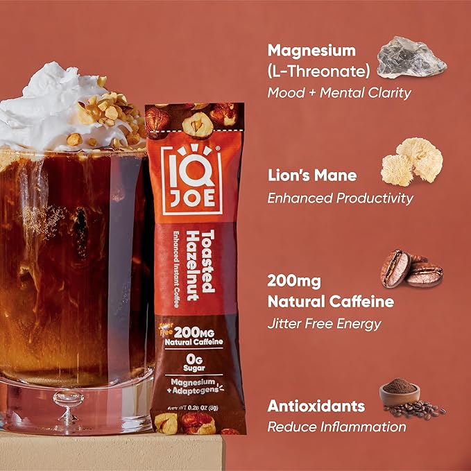 IQJOE Mushroom Coffee Packets (40 Servings) Lion’s Mane Magtein Magnesium Antioxidants Adaptogens - Toasted Hazelnut - Instant Coffee for Focus Clarity Mood Energy Boost - Sugar Free Vegan