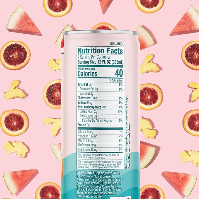 Recoup Organic Sparkling Prebiotic Drink - Ginger with Electrolytes for Gut Health Support &amp Hydration No Added Sugar ((Pack of 12) Watermelon Blood Orange + Ginger)