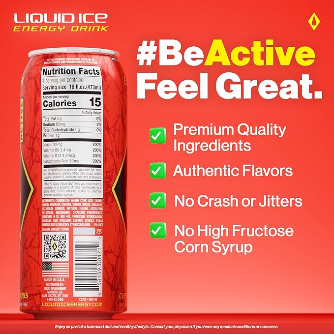 Liquid Ice Active Energy Drink Cherry Licious Zero Sugar 160mg Natural Caffeine from Green Tea with CoQ10 &amp Ginseng Clean Focus &amp Performance Support Gluten Free 16oz Cans (12 Pack)