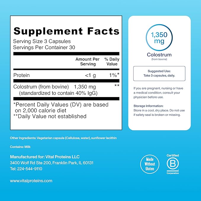 Vital Proteins Bovine Colostrum Supplement 90 Capsules for Gut Health Immune Support with 40% IgG Premium Bovine Colostrum Superfood Unflavored 30 Servings