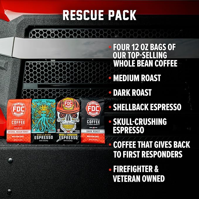 Fire Department Coffee - Gives Back to Firefighters - Rescue Variety Pack - Whole Bean Coffee - Medium Dark Shellback Espresso &amp Skull Crushing Espresso Beans - Veteran Owned (12oz Pack of 4)
