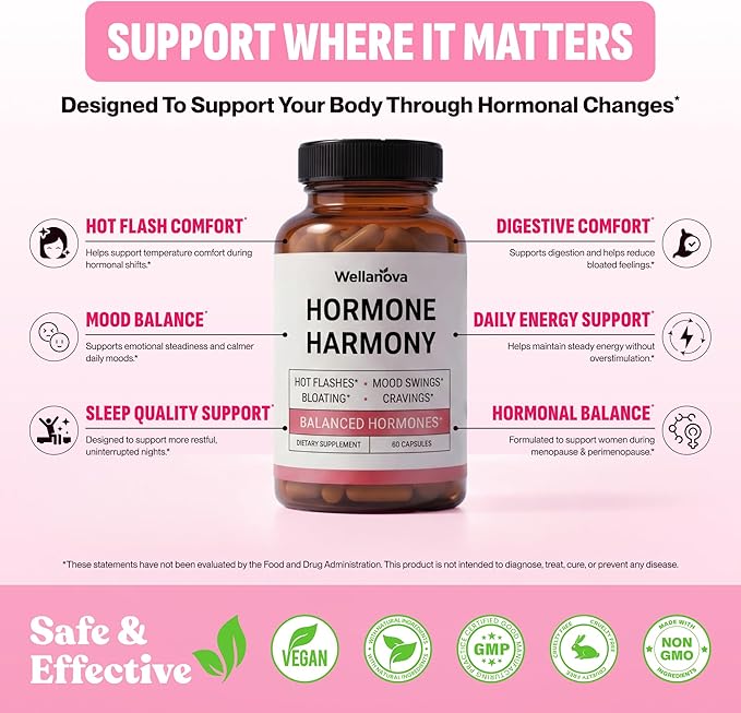 Hormone Harmony for Women – Natural Hormonal Balance Support for Menopause &amp Perimenopause – Hot Flashes Mood Swings Cravings Bloating Relief – 60 Capsules