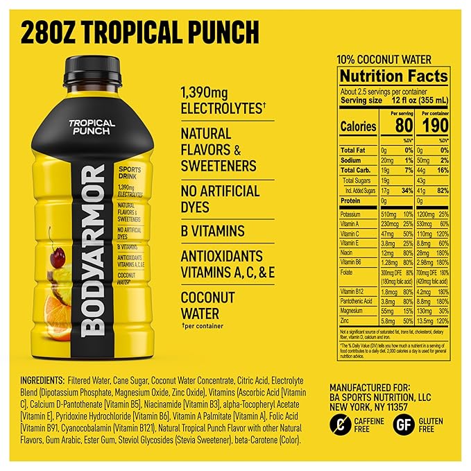 BODYARMOR Sports Drink Tropical Punch Electrolyte Drink Hydration 28 Fl Oz Bottles (15 Pack) Flavored Coconut Water with B Vitamins &amp Antioxidants