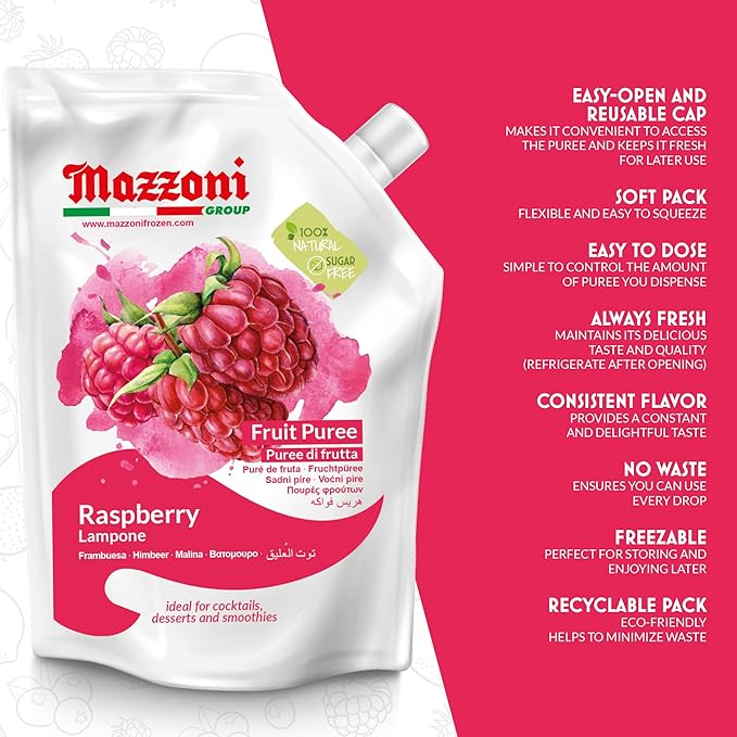 Mazzoni - Raspberry Puree 100% Pure Raspberries Just Fruit No Sugar Added Real Fruit for Smoothies Drinks Cocktails Fruit Juice - 2.2 lb Convenient Pouch Made in Italy