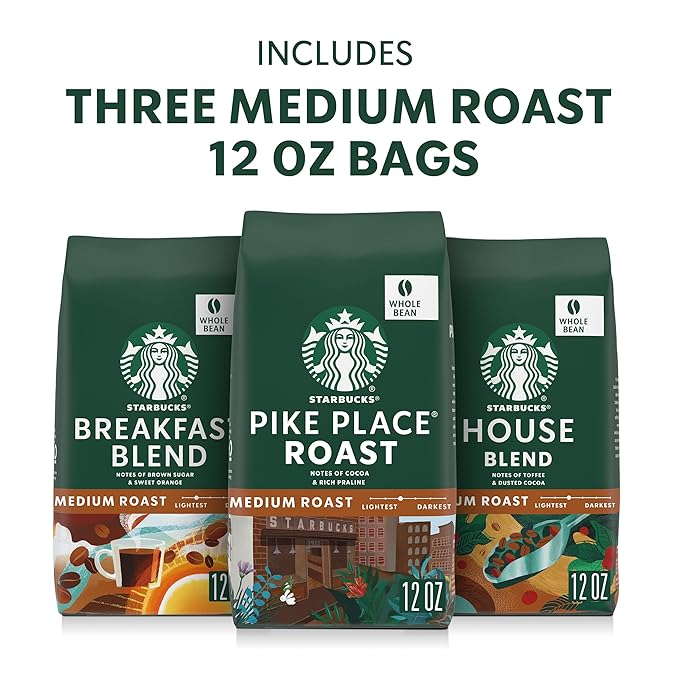 Starbucks Whole Coffee Beans Medium Roast Hot or Iced Coffee Variety Pack Three 12 oz Bags