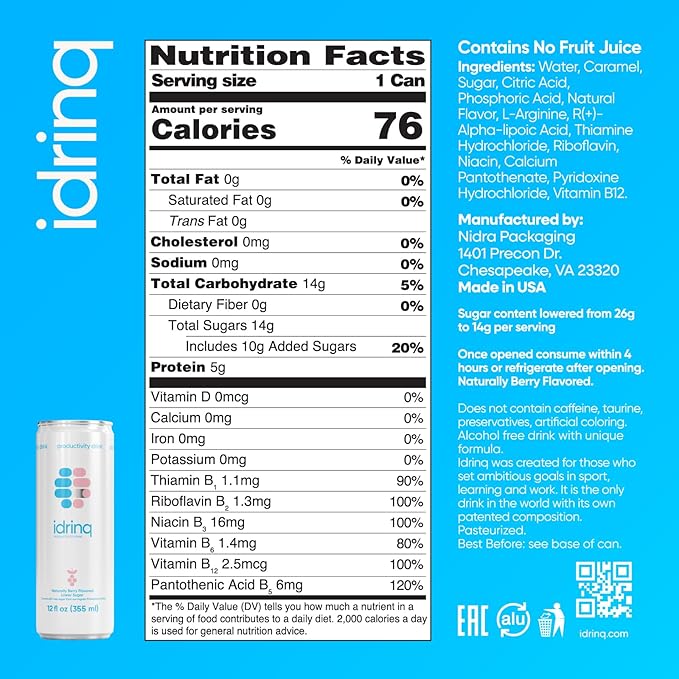 Idrinq - Low Sugar Berry Caffeine Free Energy Drink 12oz - 12-Count